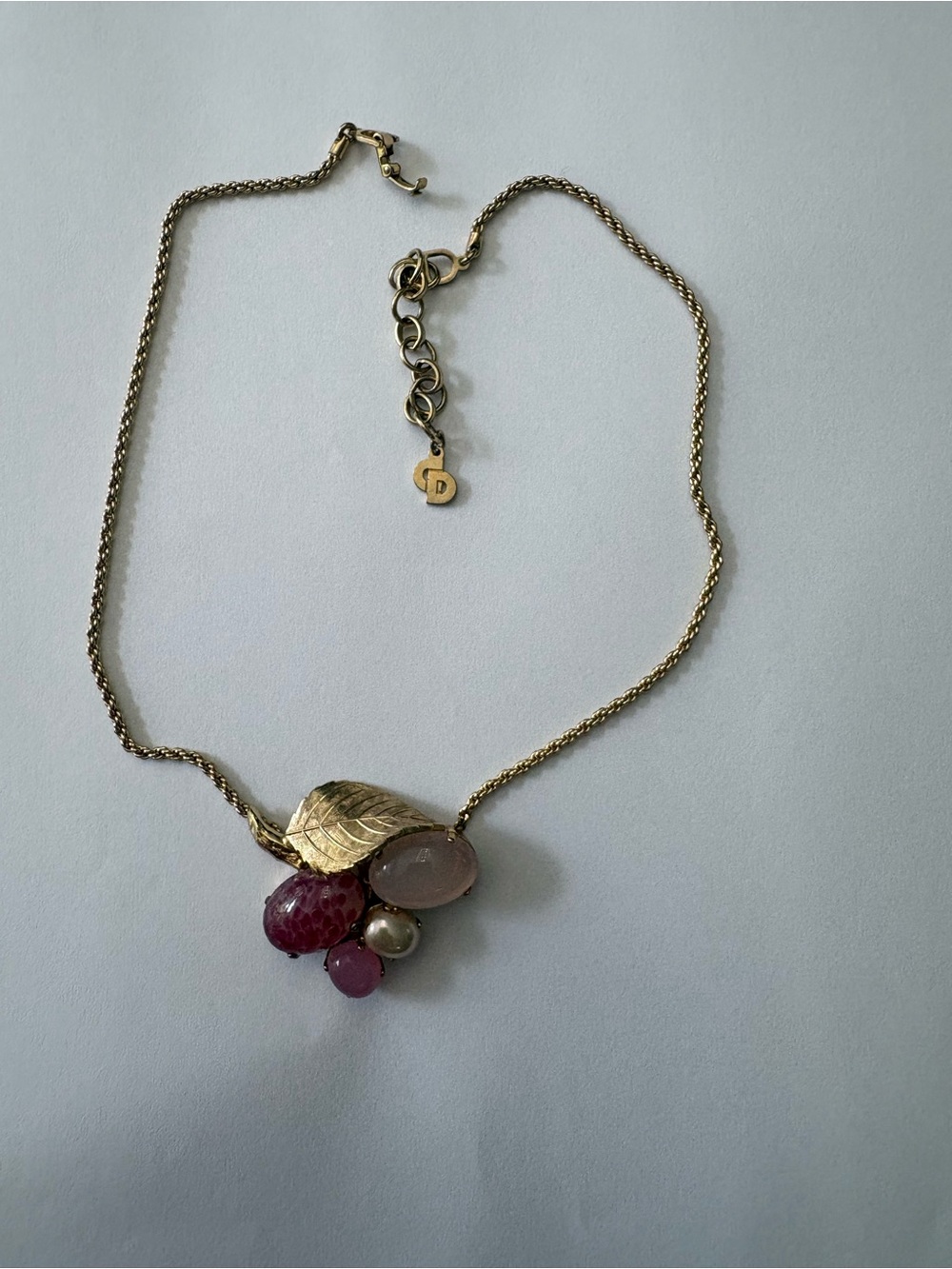 Dior Gold Leaf Necklace with Pink and Pearl Accents